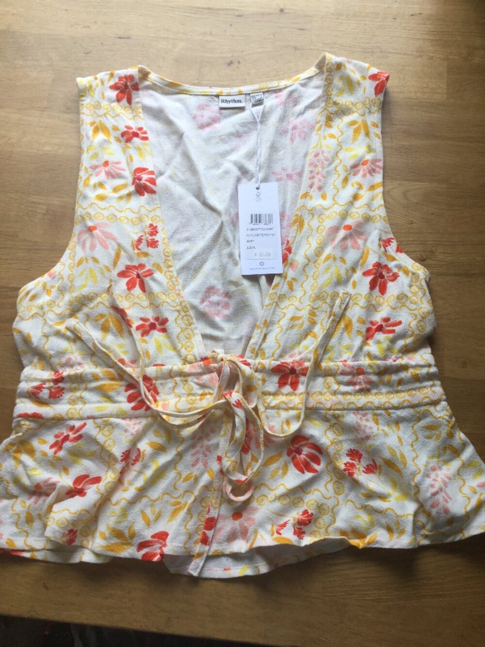 NWT Rhythm Wild flower tie front top cream yellow orange red floral size large